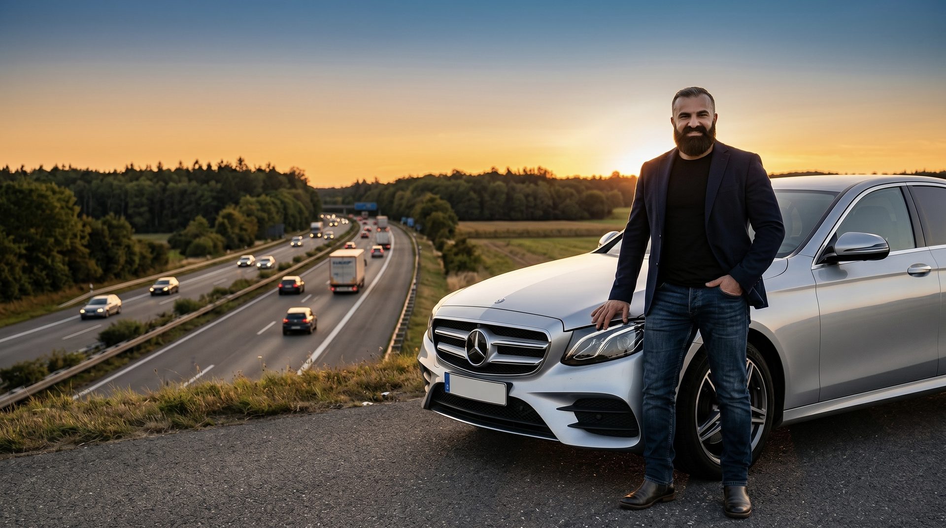 Bekas Cars — αγορά αυτοκινήτου από Γερμανία, Mercedes σε γερμανικό αυτοκινητόδρομο στο ηλιοβασίλεμα